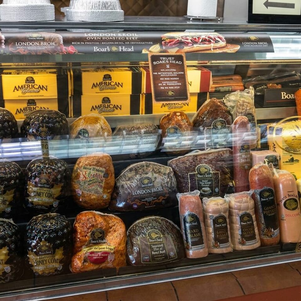 Deli display case stocked with Boar’s Head meats, cheeses, sausages, and packaged American cheese products.