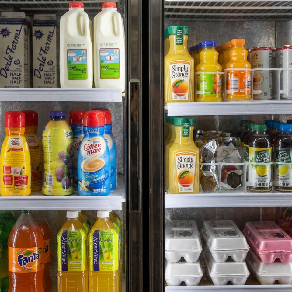 Refrigerated display stocked with milk, creamers, juices, canned drinks, bottled beverages, and cartons of eggs.