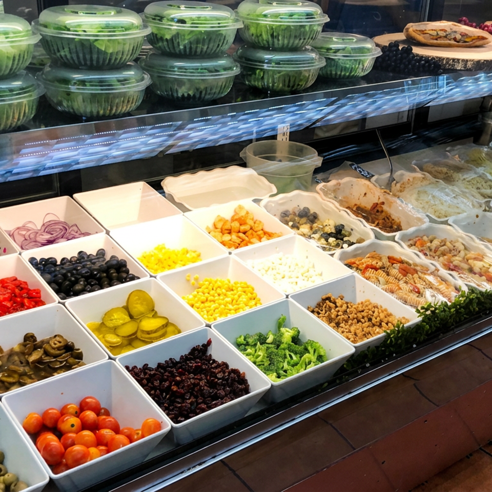 Restaurant salad bar displays bowls of vegetables, olives, fruits, toppings, sauces, and prepared salads behind glass.