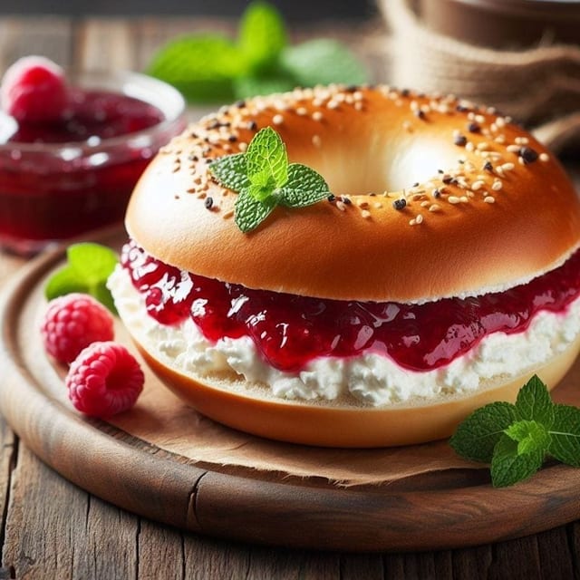 B4. Bagel with Cream Cheese and Jelly.